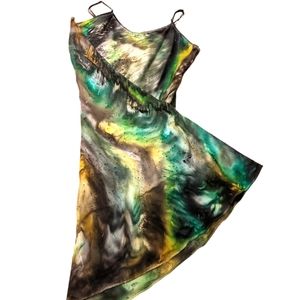 Handpainted singned Satin Dress.One of a kind Original. Boho one of a kind